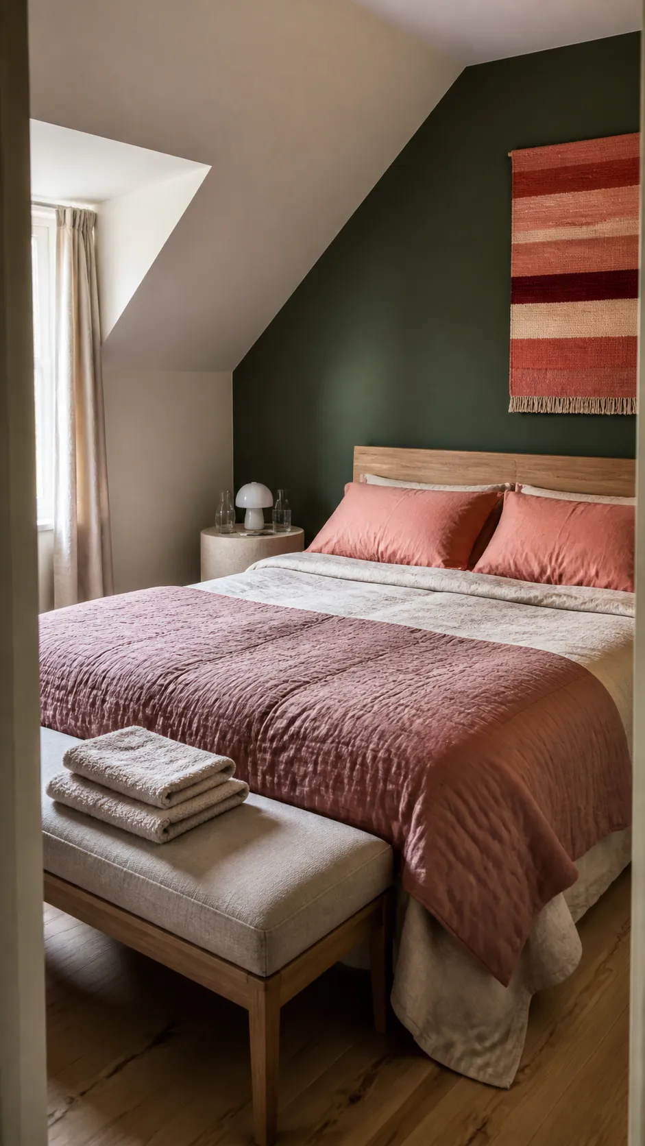 Forest green guest room with soft coral bedding and clay pink accents
