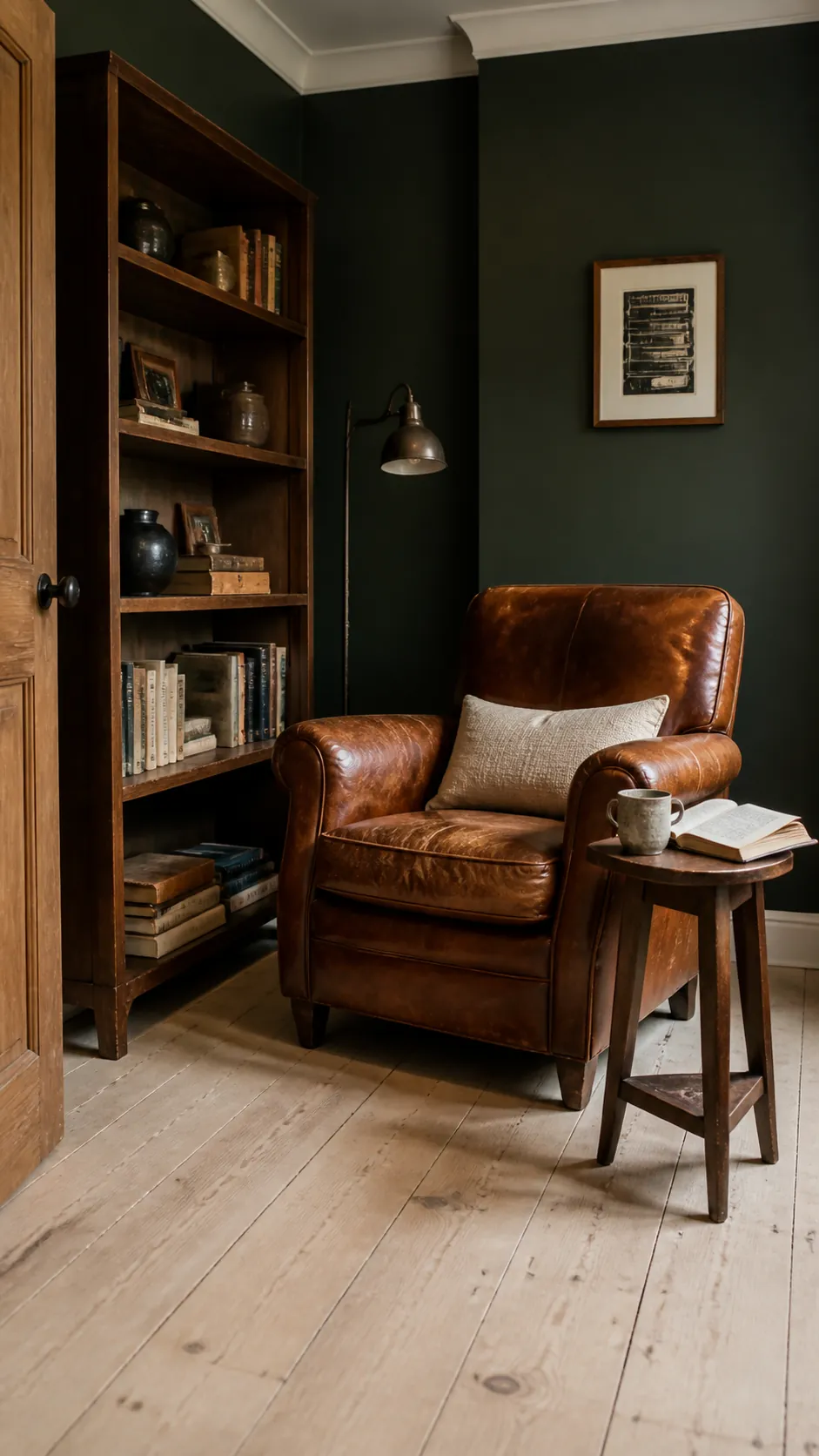 Forest green home library with walnut shelves and a cognac leather chair