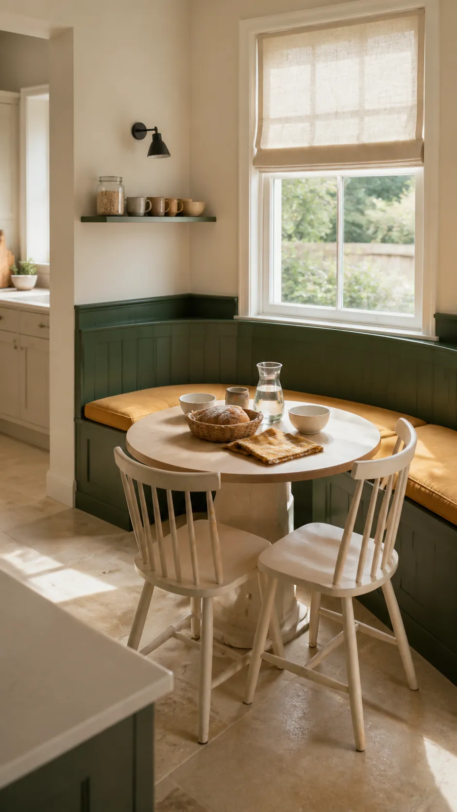 Forest green breakfast nook with ochre upholstery and muted mustard details