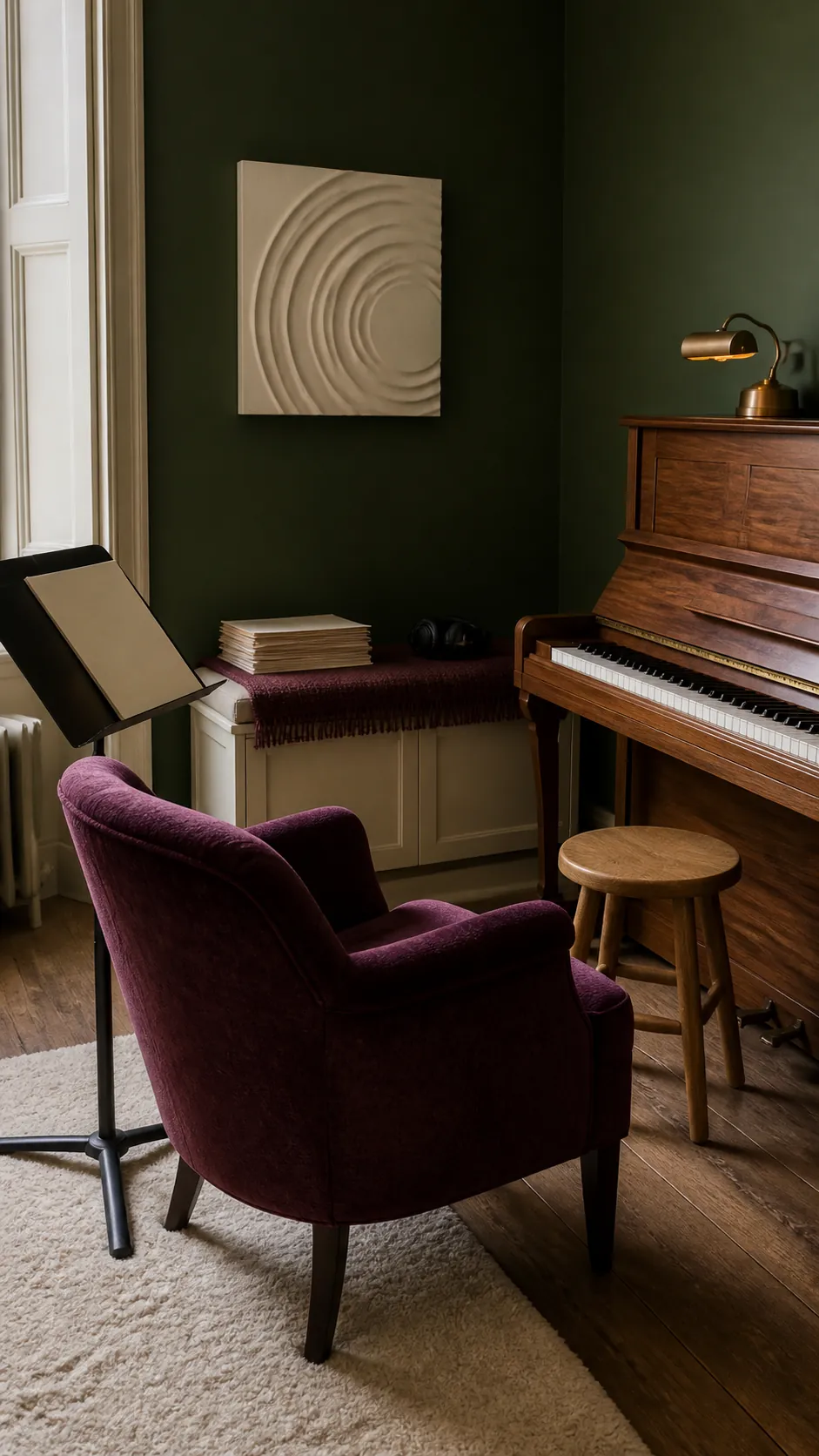 Forest green music room accented with plum velvet and mulberry textiles