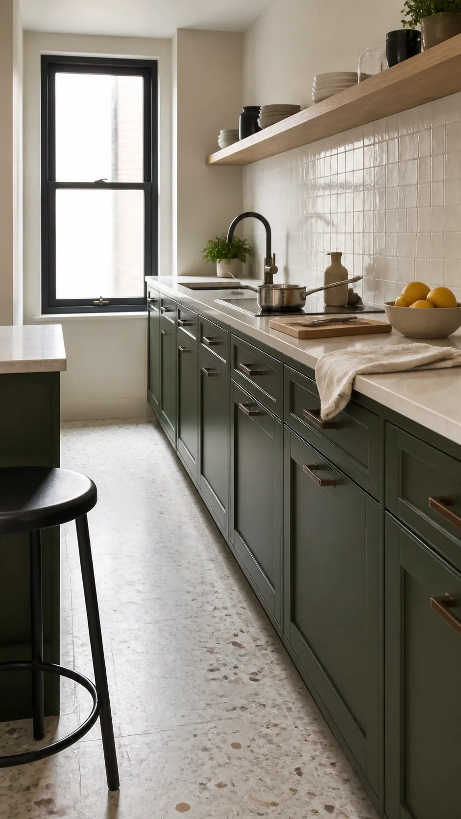 Forest green kitchen with charcoal details and aged bronze hardware