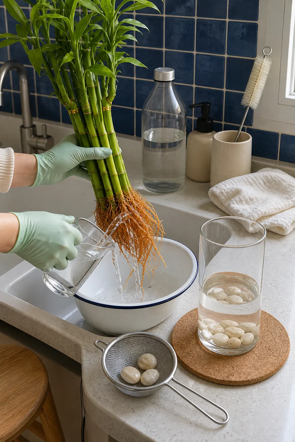Changing water and cleaning roots for lucky bamboo care