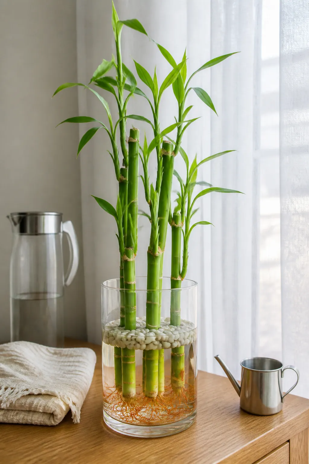 Healthy lucky bamboo in clean water and bright indirect light