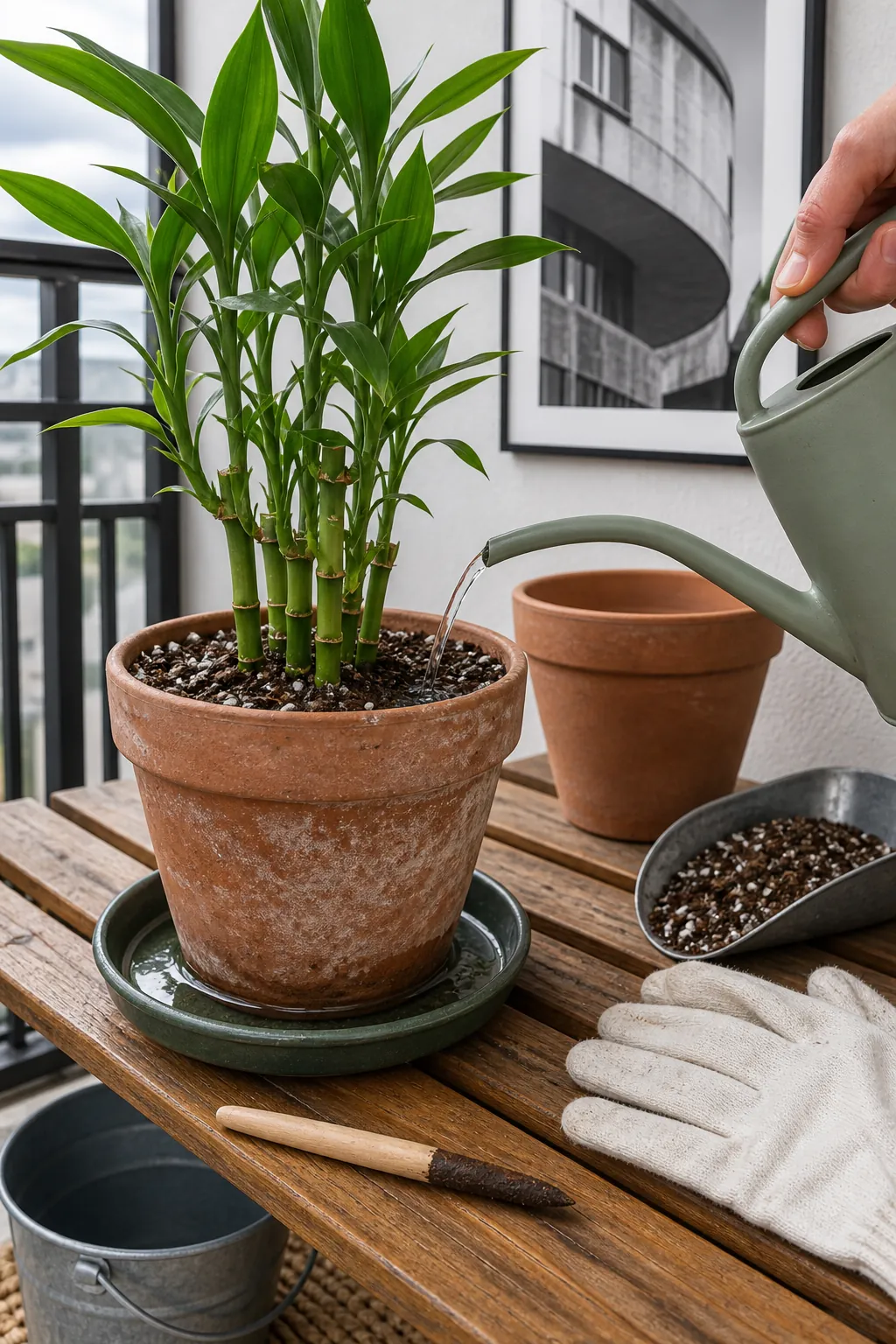 Watering soil grown lucky bamboo in a draining pot