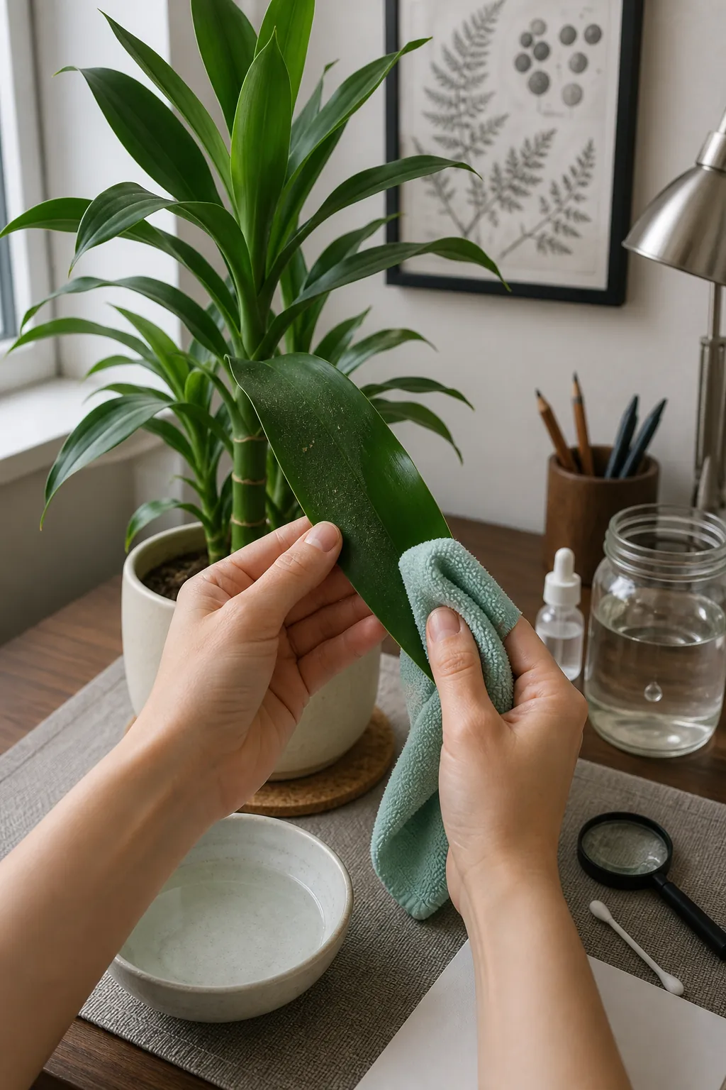 Cleaning lucky bamboo leaves with a soft damp cloth