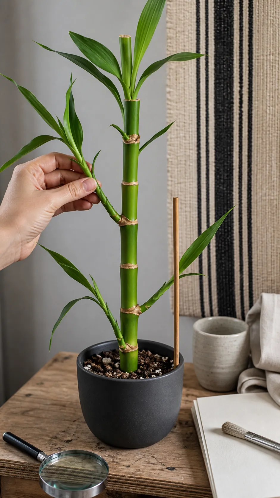 Lucky bamboo main cane compared with leafy side shoots