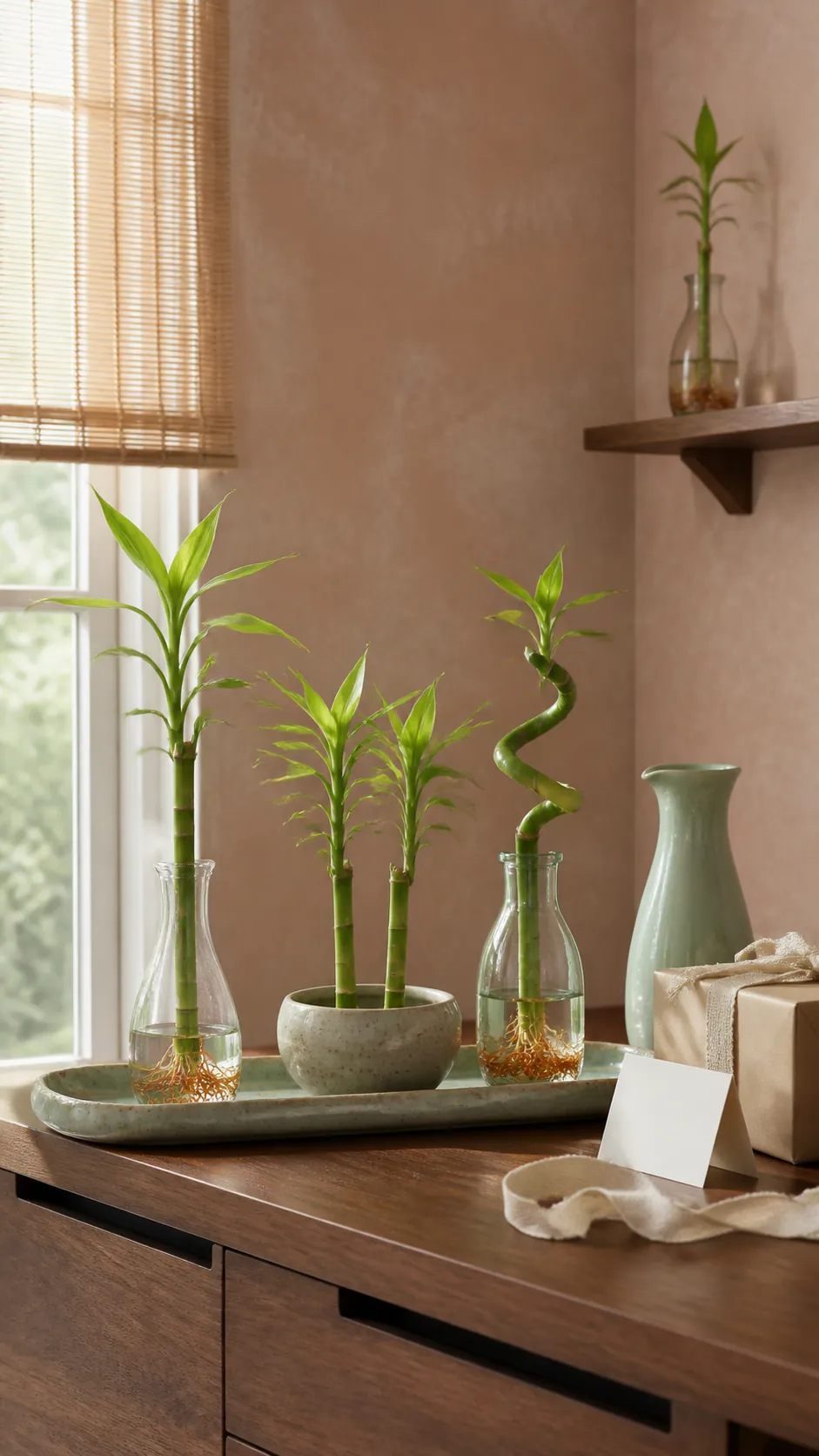 Separate lucky bamboo containers grouped as one display