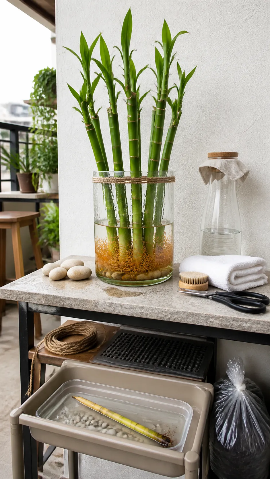 Healthy counted lucky bamboo arrangement in clean water