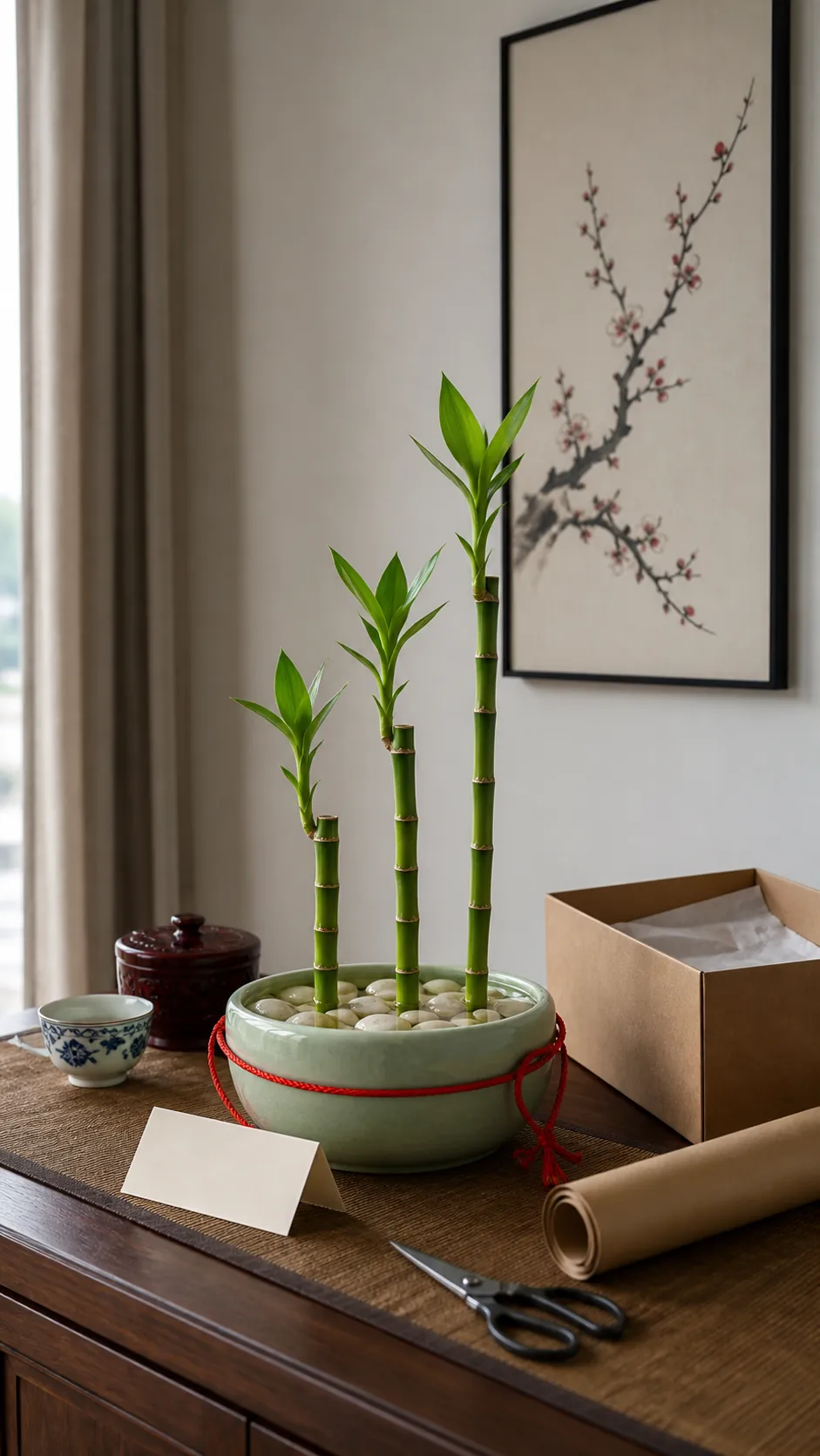 Lucky bamboo gift arrangement with an intentional stalk count