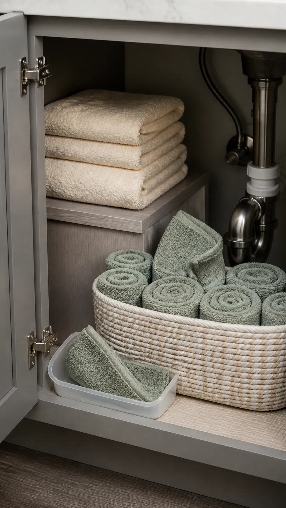 Folded and rolled towels tested in a small bathroom cabinet