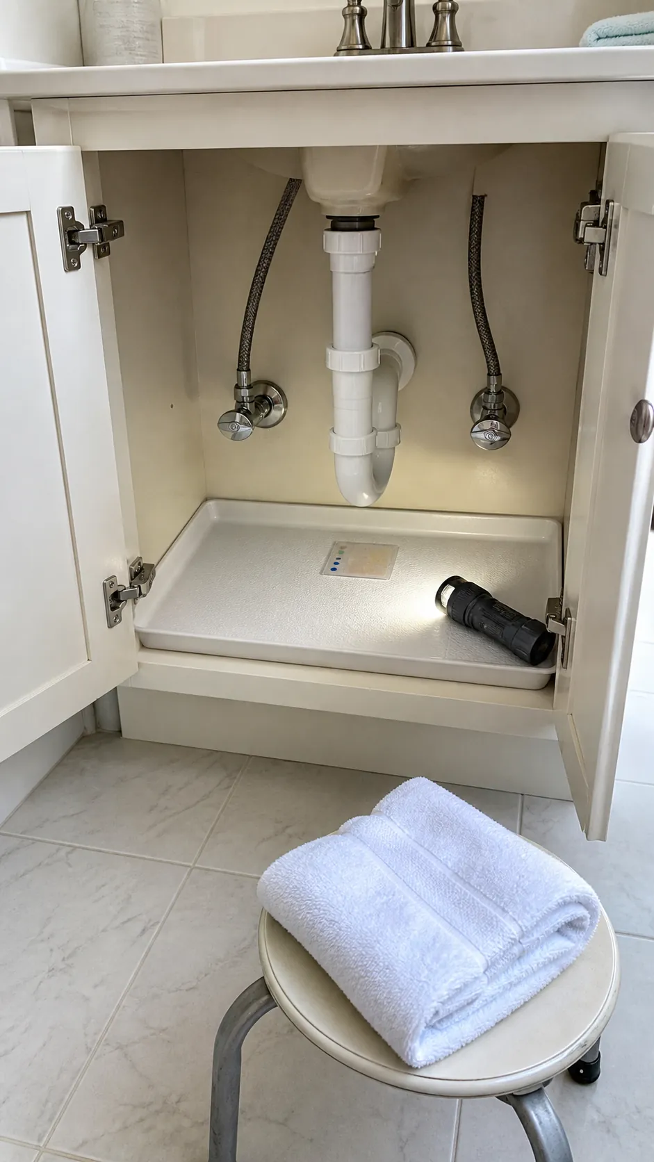Dry bathroom sink cabinet prepared for clean towel storage