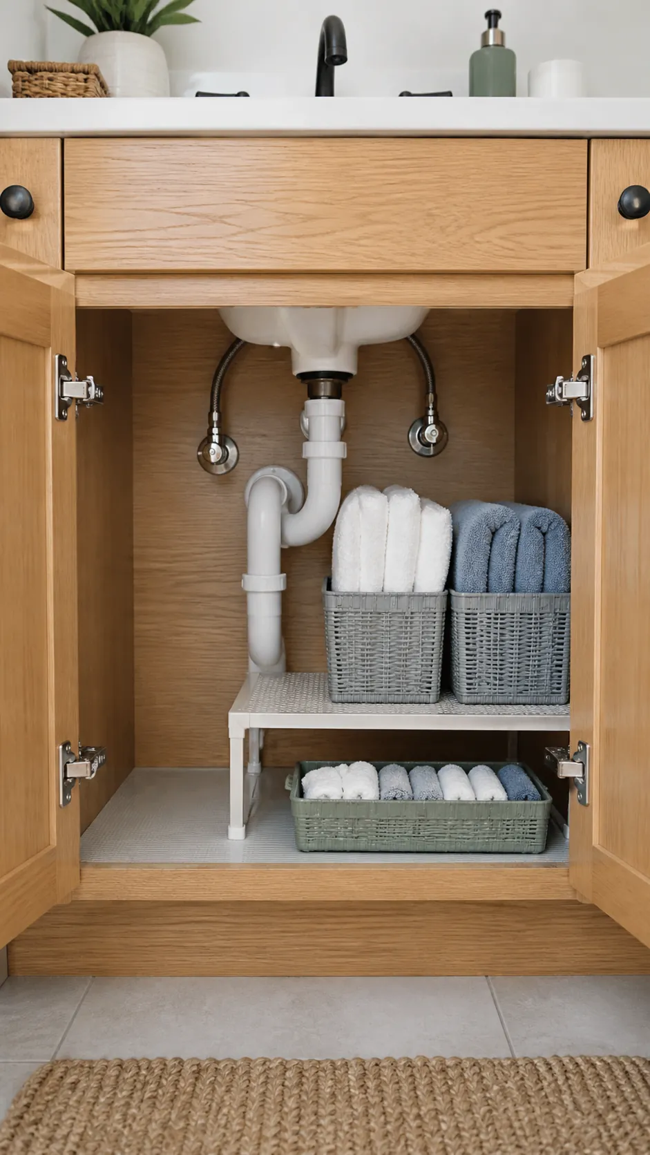 Clean towels organized in breathable baskets under a bathroom sink