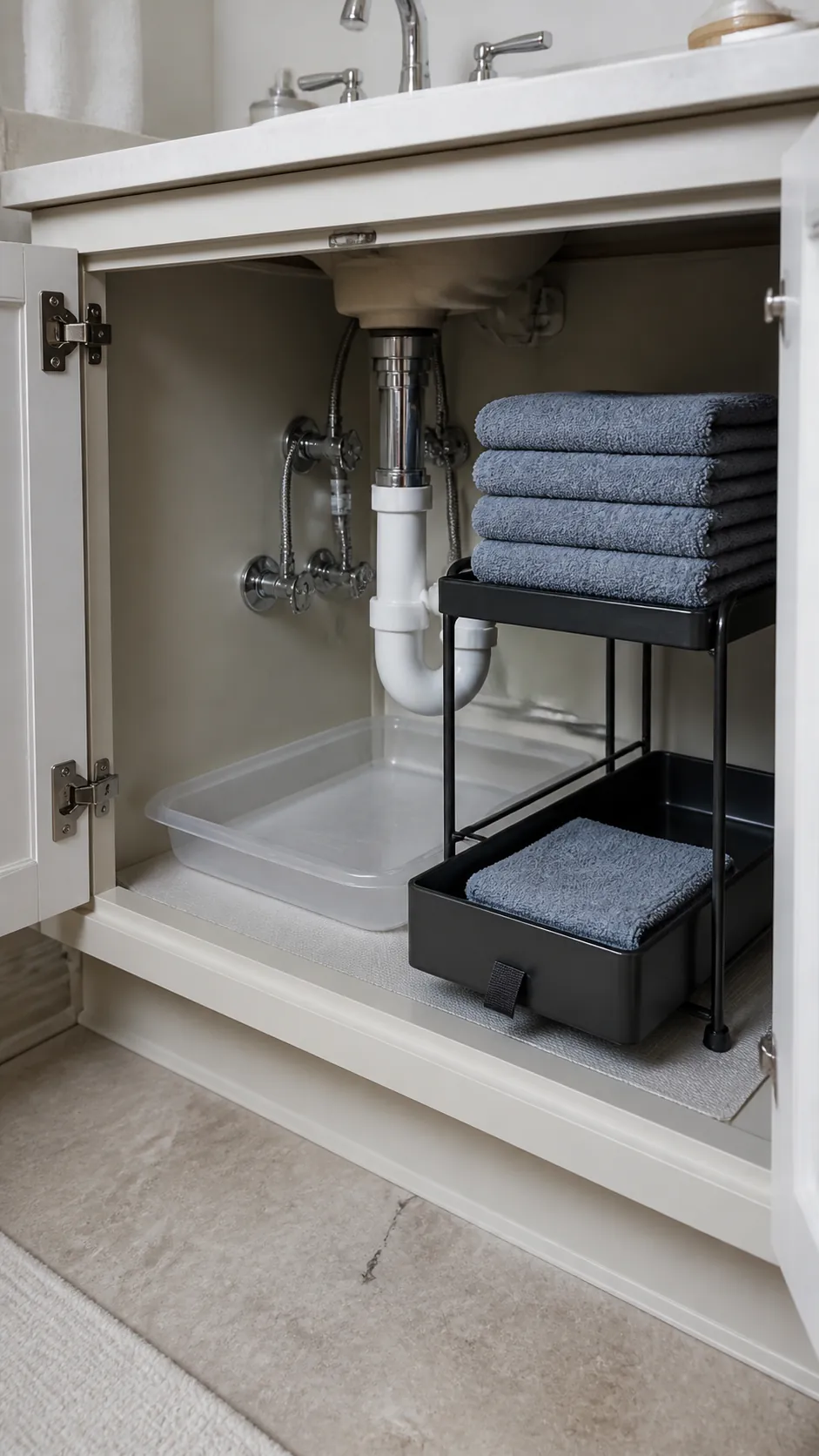 Towels stored on a raised shelf beside accessible bathroom plumbing