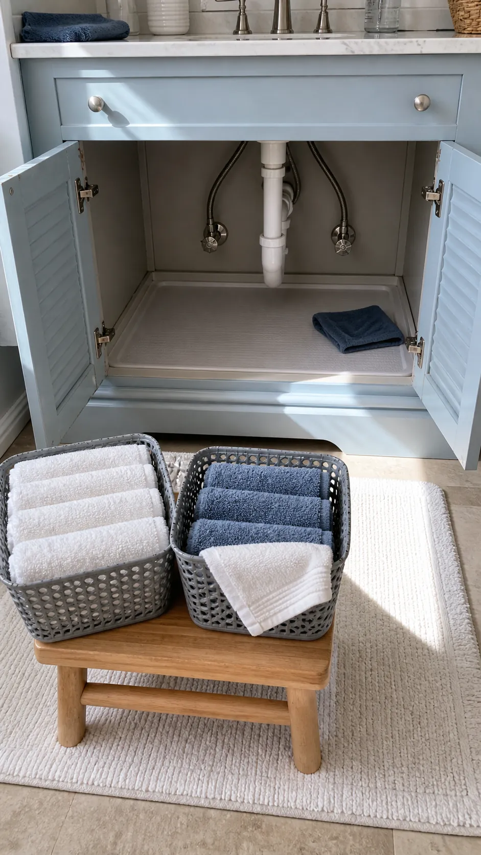 Bathroom towel baskets removed for a monthly cabinet moisture check