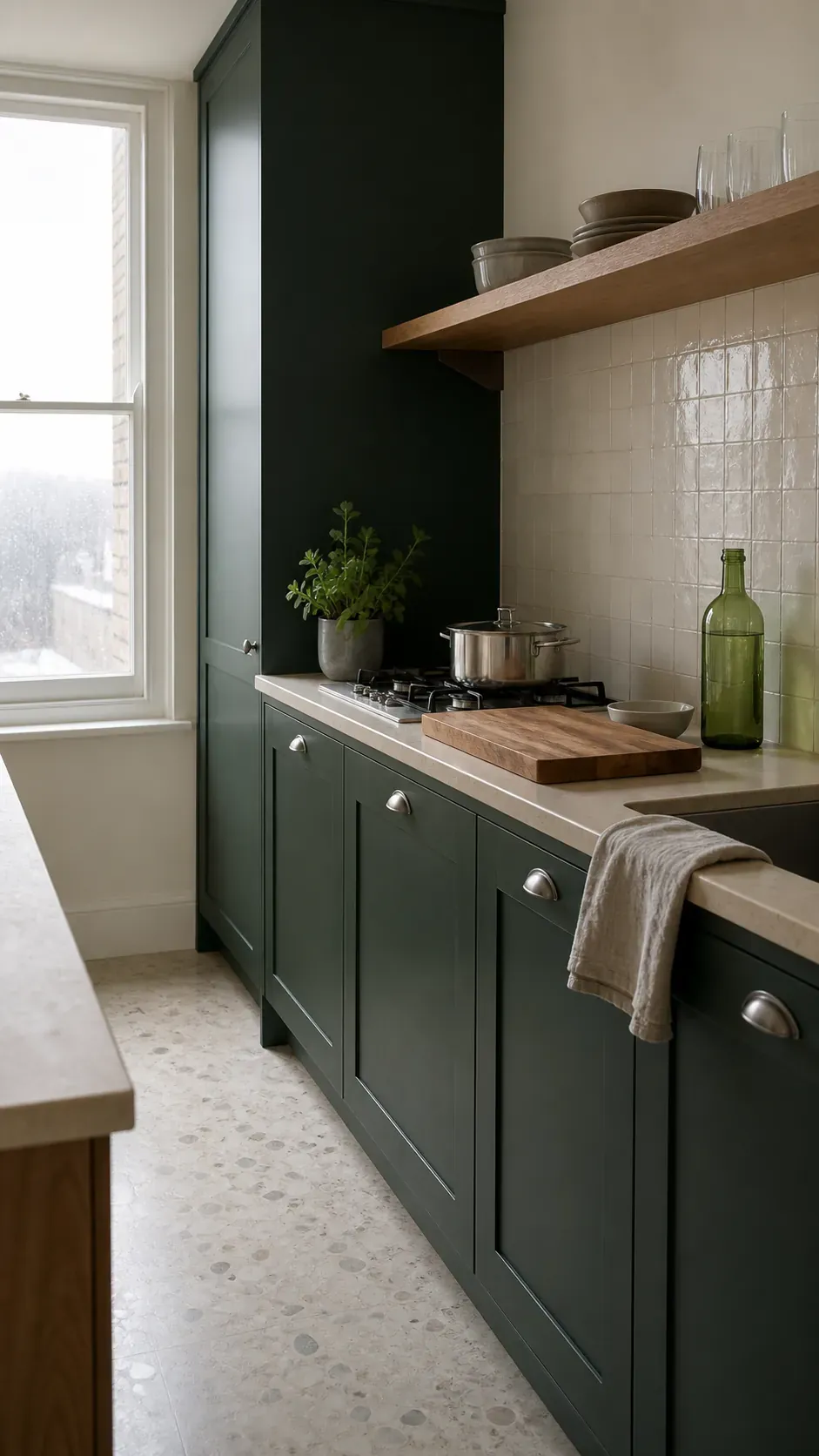 Bottle green kitchen cabinetry showing a cool blue leaning dark green shade