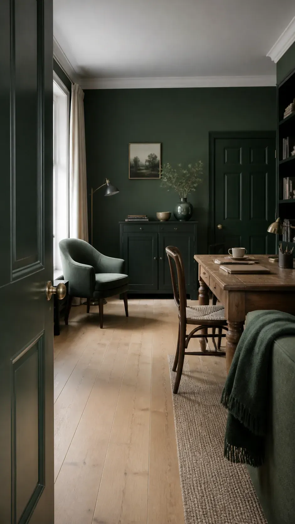 Six dark green shade families shown through realistic interior paint and materials