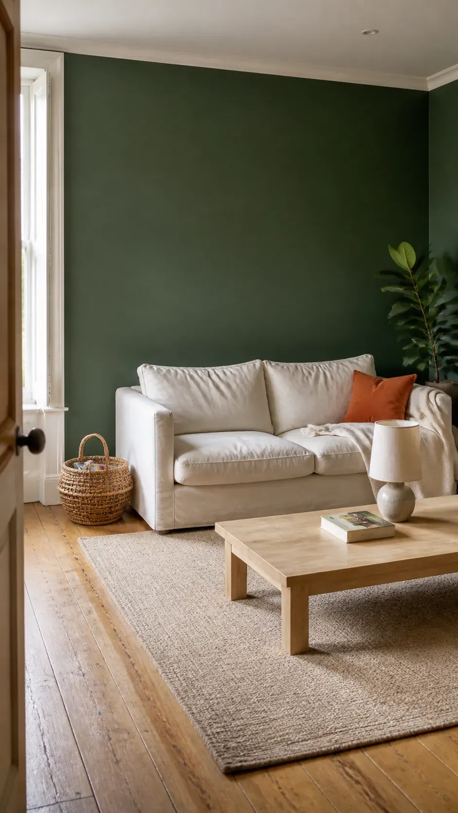 Forest green living room showing a balanced deep natural green paint colour
