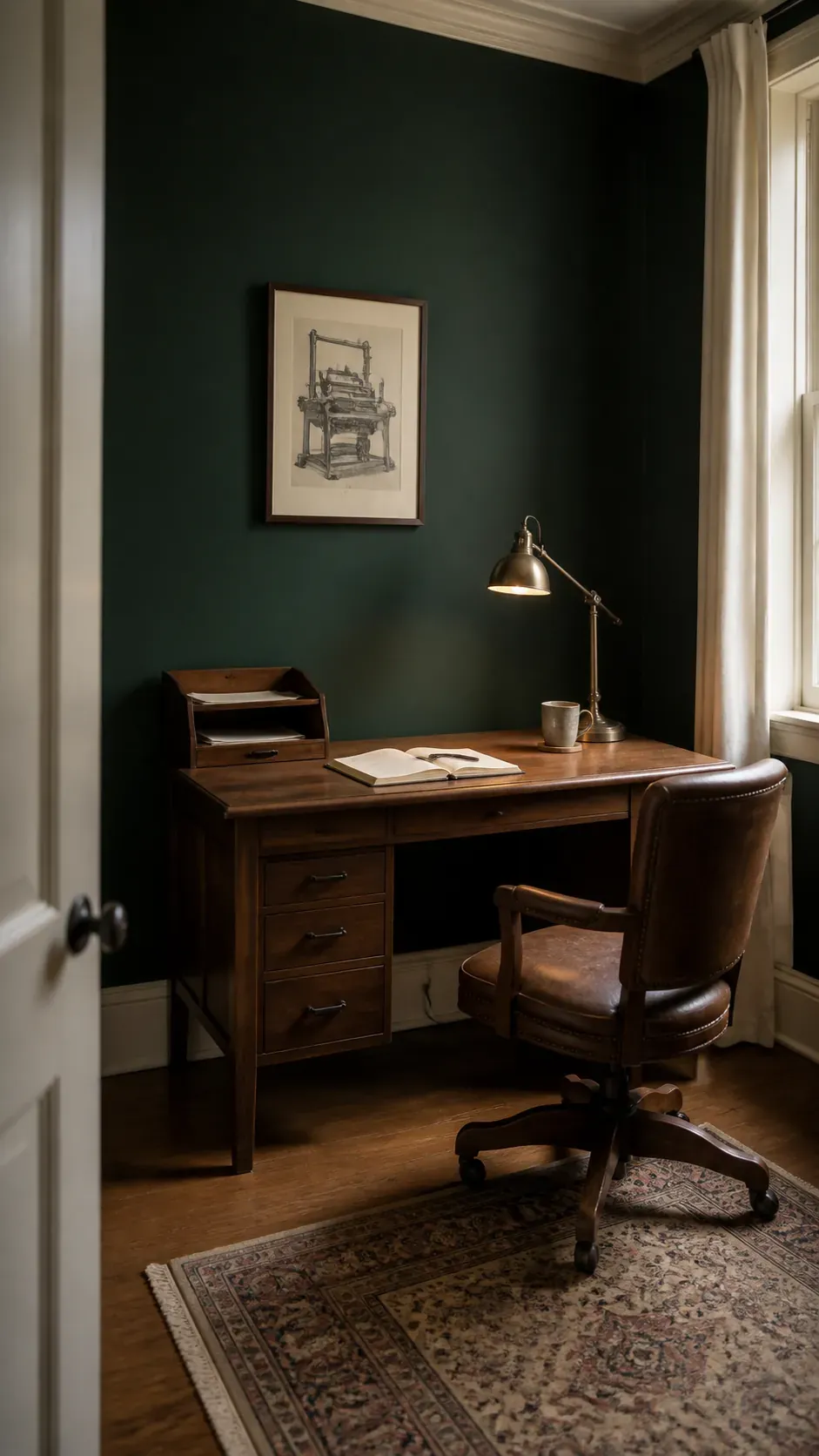 Hunter green study with cool deep green walls, cream trim, brass, and wood