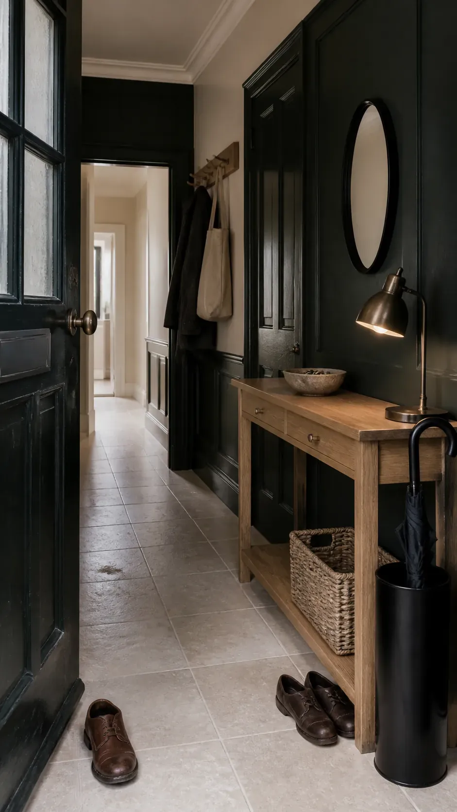 British racing green entryway with very deep green panelling and pale stone