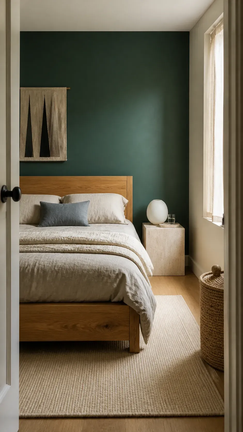 Pine green bedroom showing a cool evergreen shade with neutral stone and wood