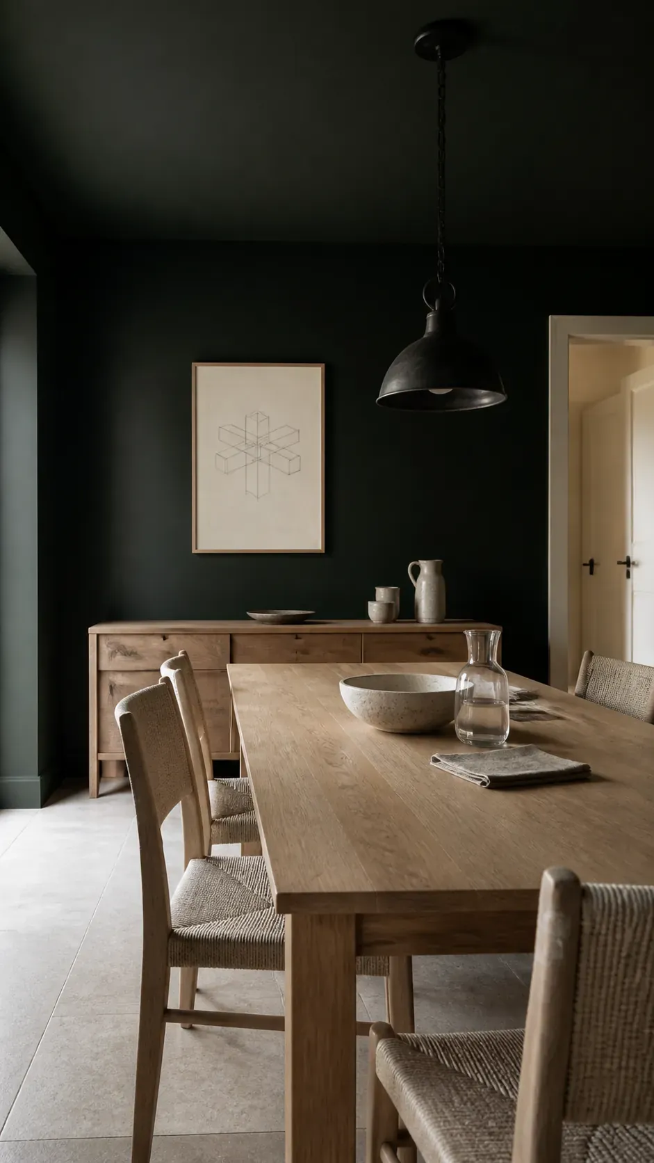 Black green dining room where the deep green undertone appears in natural light