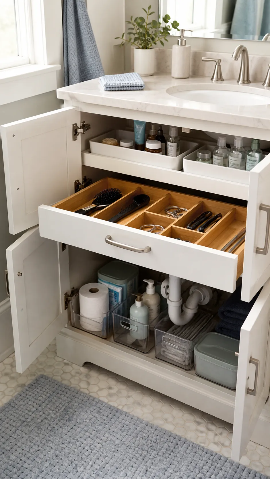 Bathroom cabinets organized with routine trays drawers and clear bins