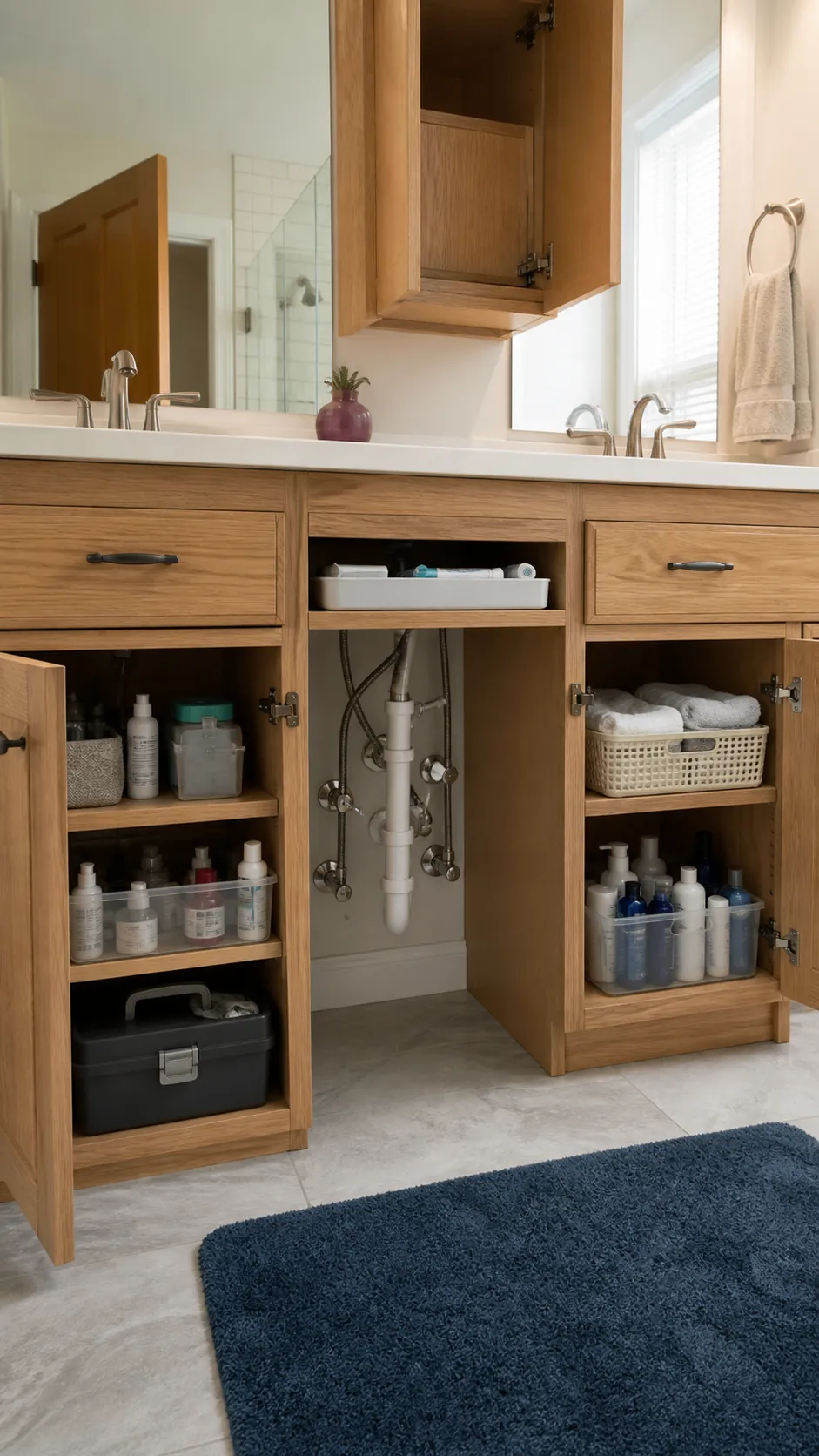 Bathroom vanity organized into daily refill and cleaning zones