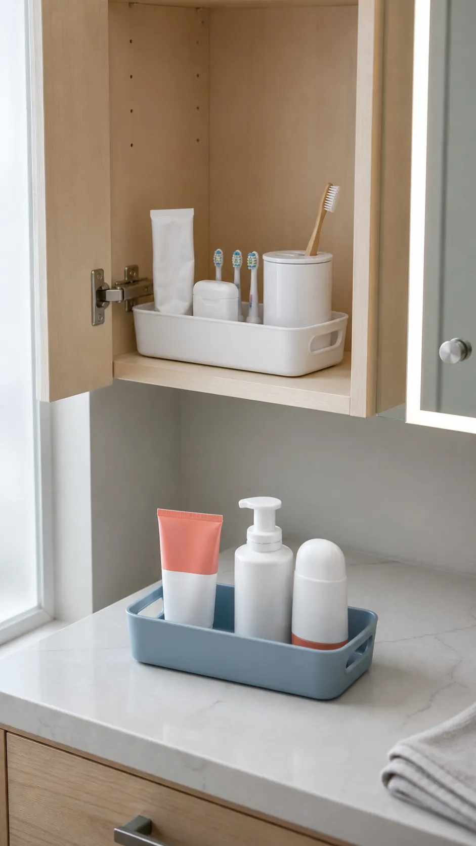 Removable trays holding separate daily bathroom routines