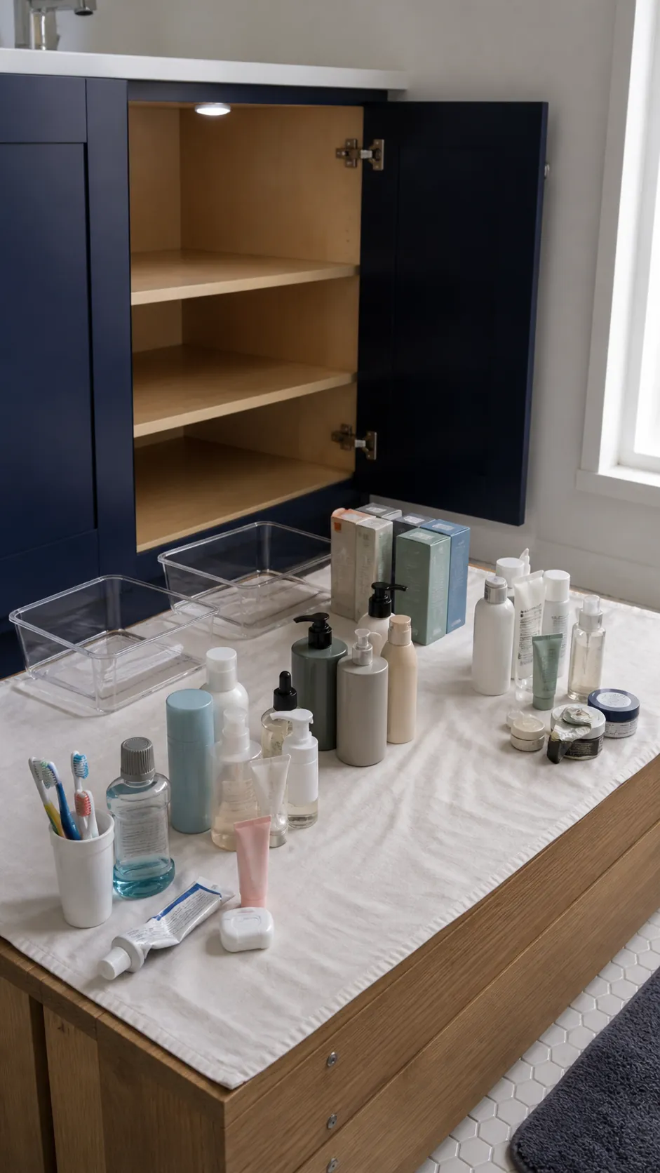 Bathroom products sorted by routine before cabinet organization
