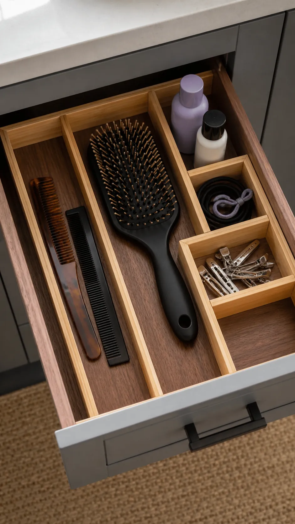 Bathroom drawer dividers sized for brushes clips and grooming supplies