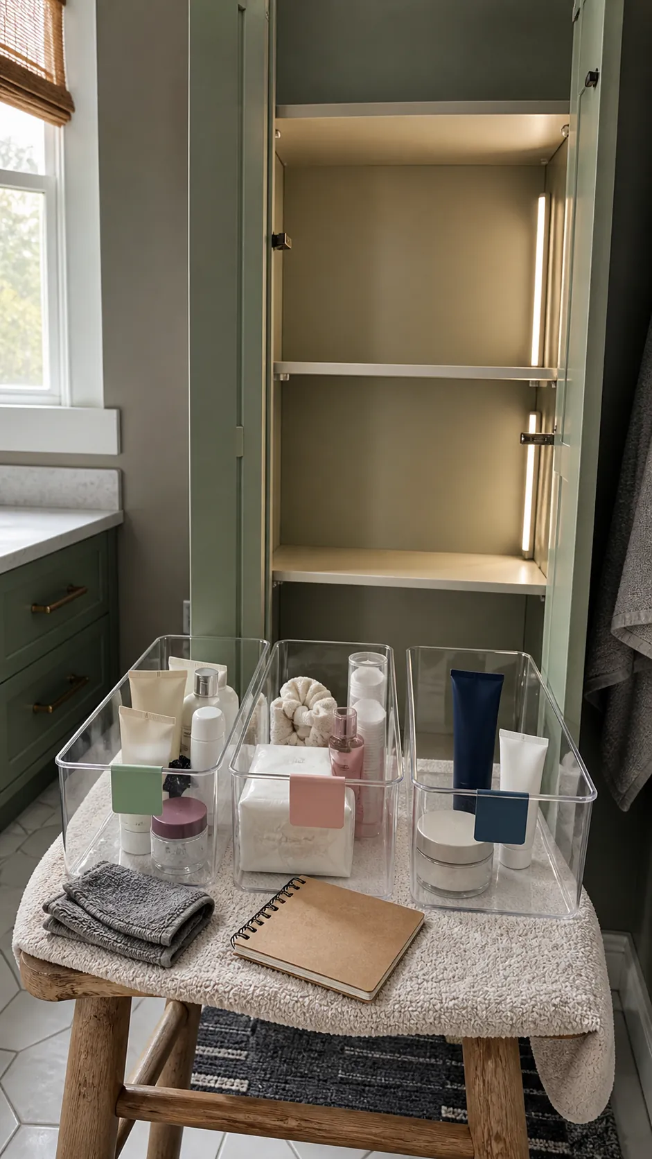 Labeled bathroom storage bins arranged for a simple monthly reset