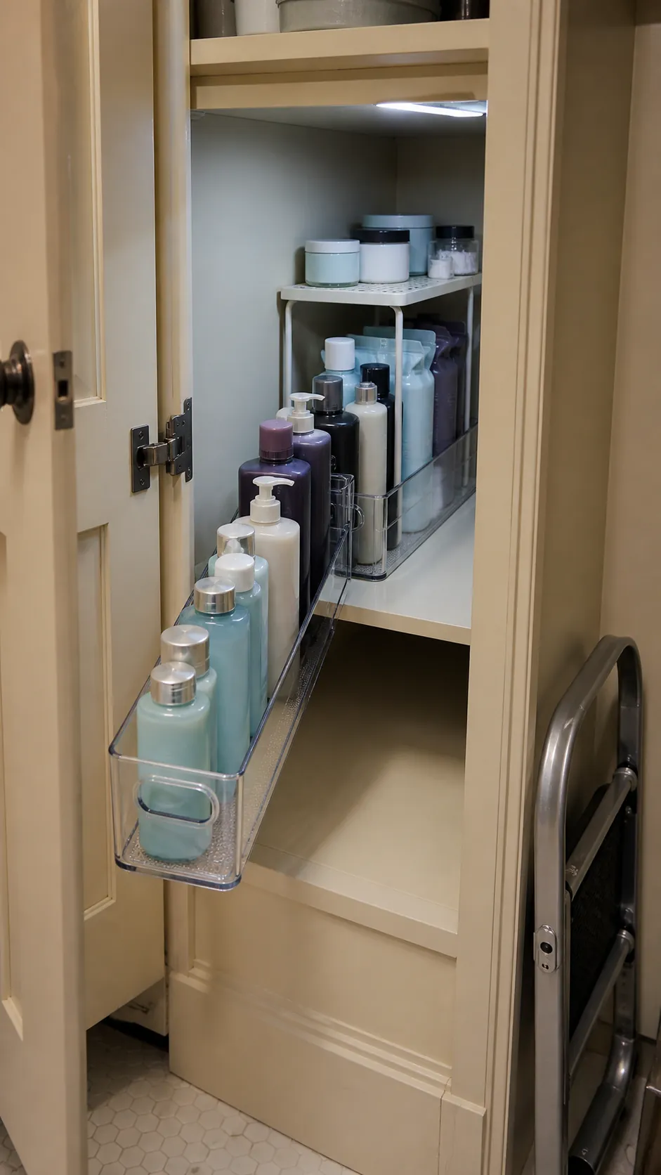 Long clear toiletry bins sliding from a deep bathroom cabinet