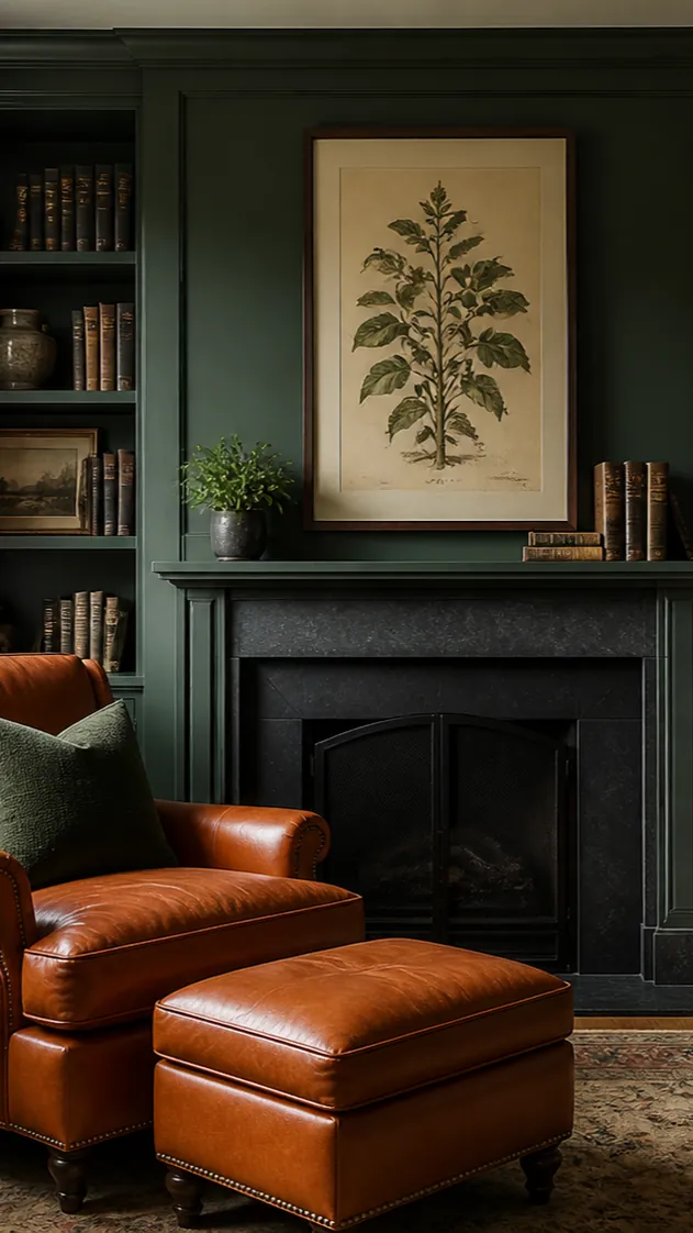 Dark green den with one burnt orange chair and pale linen accents