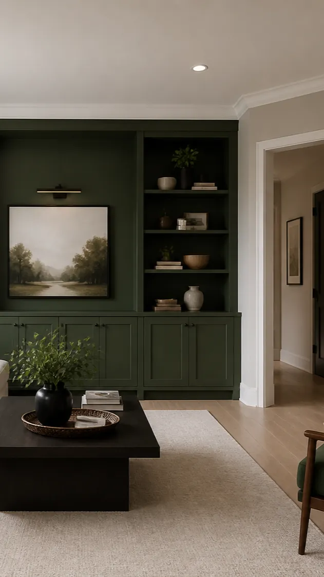 Dark green family room balanced with warm greige upholstery and curtains