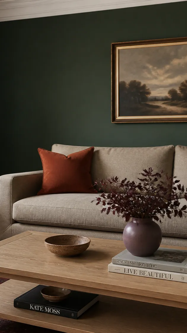 Dark green palette with greige, burnt orange, burgundy, powder blue, violet, oak, and brass