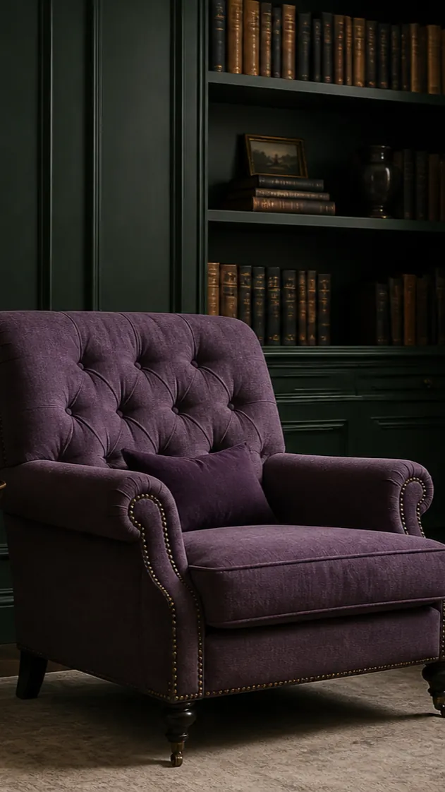 Dark green reading room with muted violet upholstery and warm neutral details