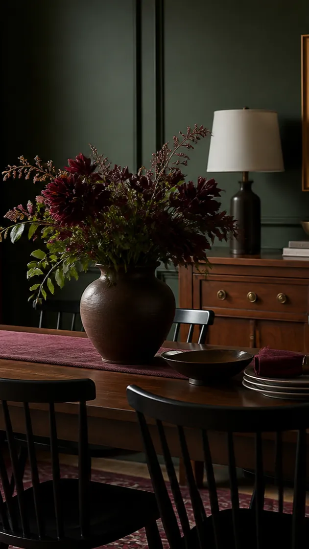 Dark green dining room layered with a burgundy patterned rug and cream trim