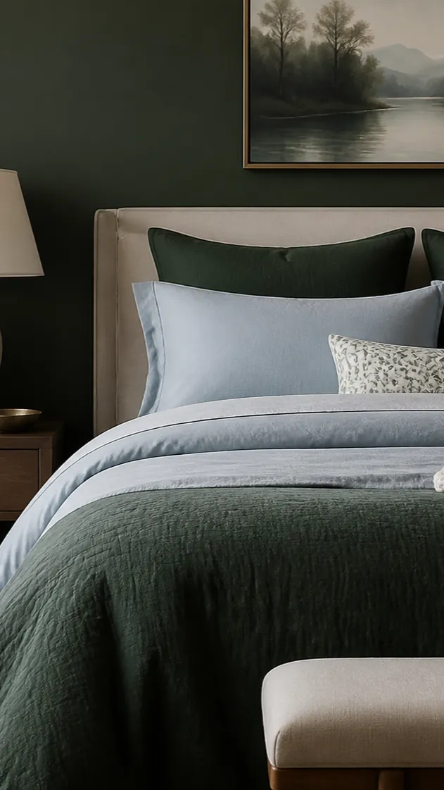 Dark green bedroom paired with powder blue bedding and warm timber