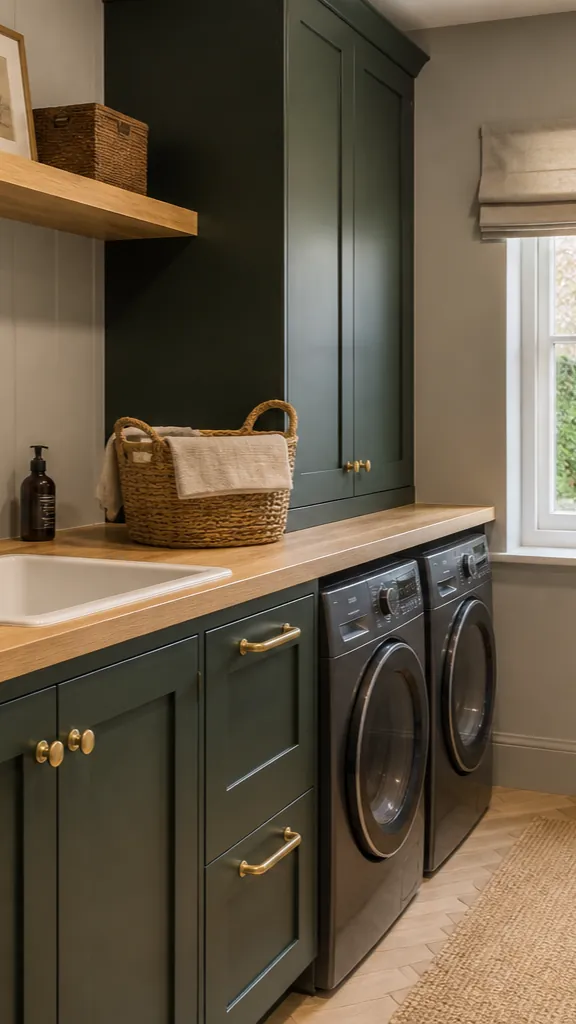 Dark green utility room with pale oak storage and antique brass hardware