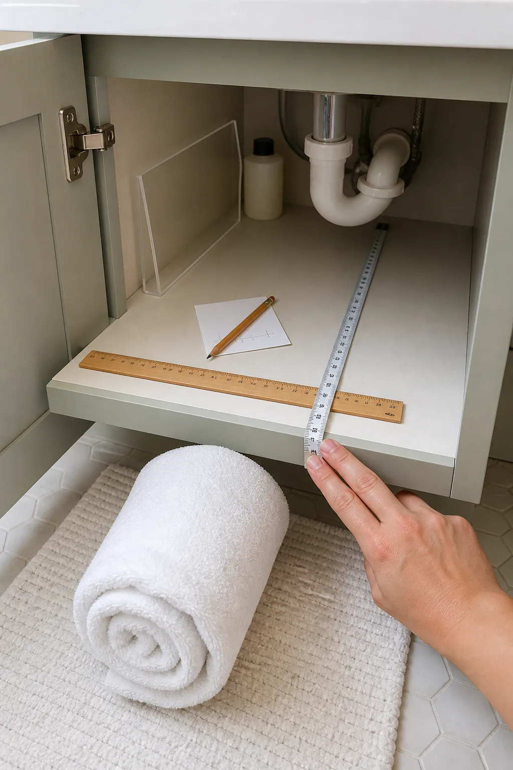 Measuring a bathroom cabinet shelf before arranging rolled towels