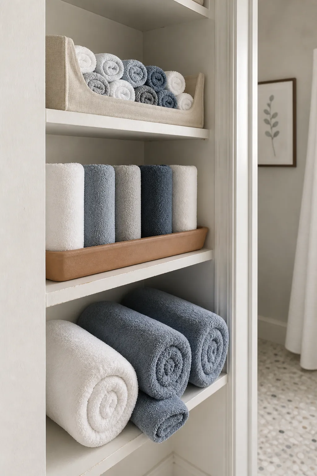 Bath towels hand towels and washcloths rolled in coordinated size groups
