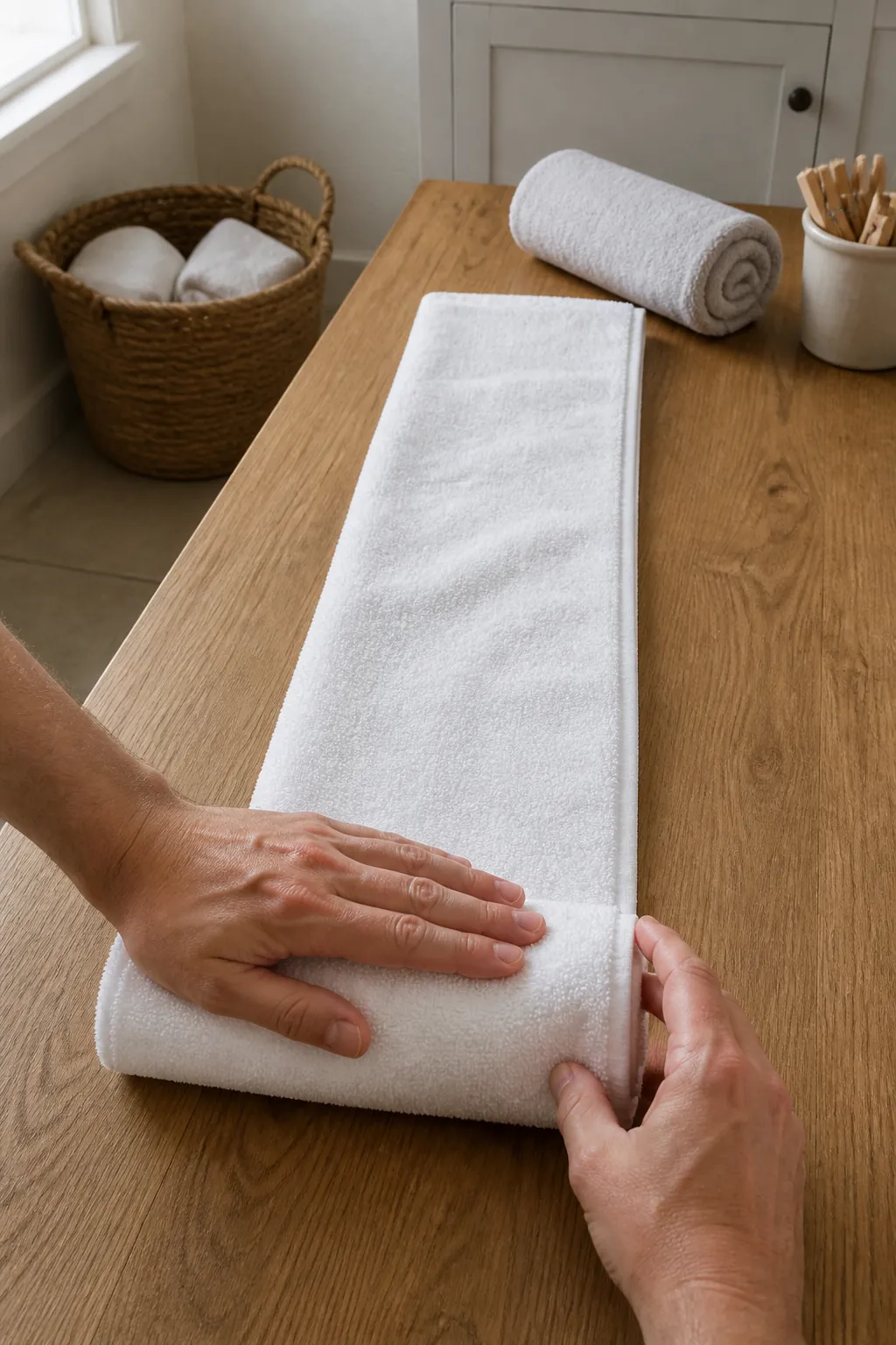 Hands forming a compact spa roll with a white bath towel
