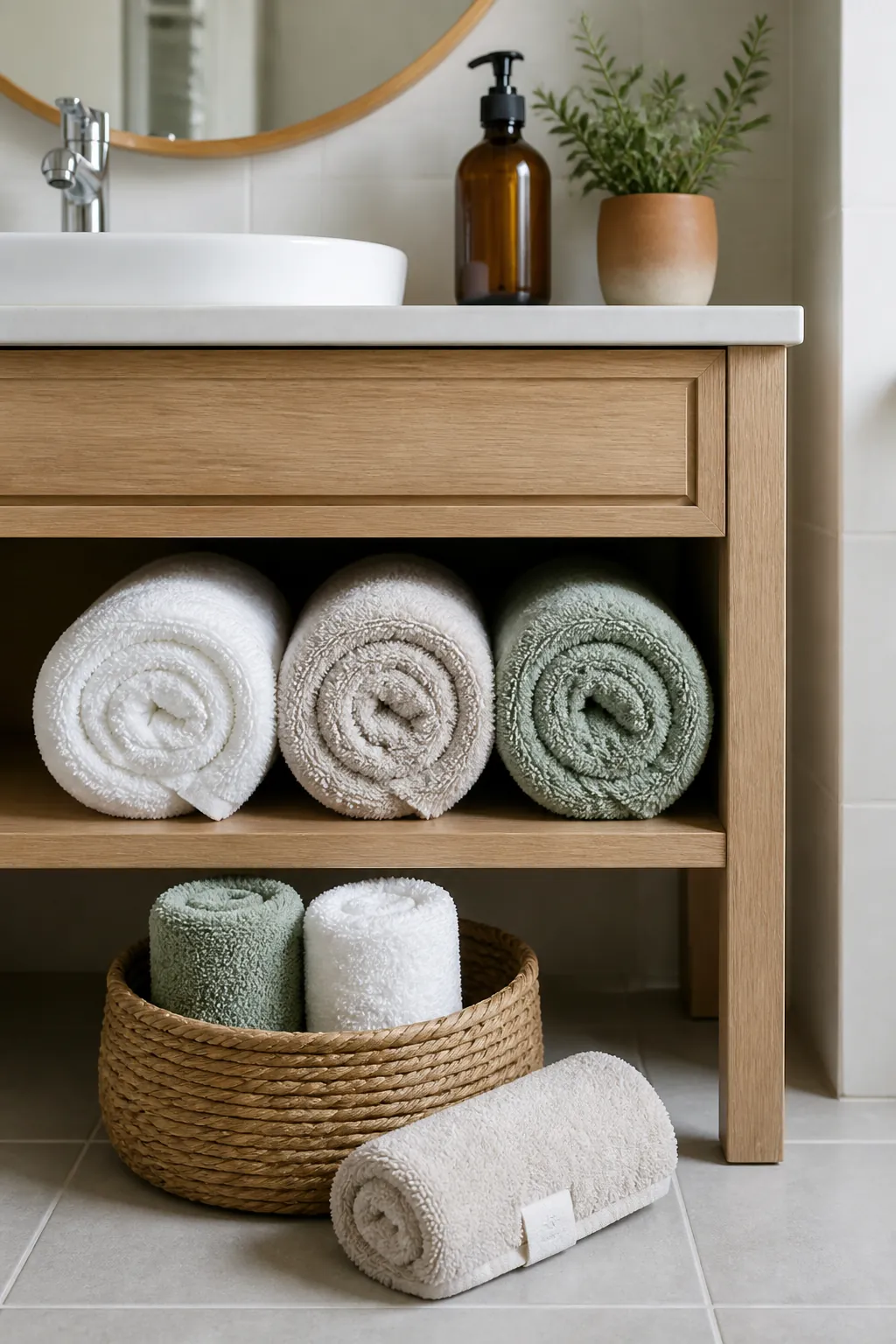 Neatly rolled towels arranged in practical bathroom storage
