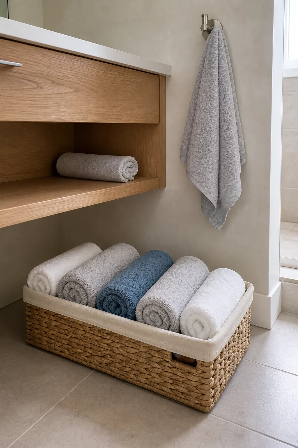 Rolled bath towels arranged for easy access in a woven bathroom basket