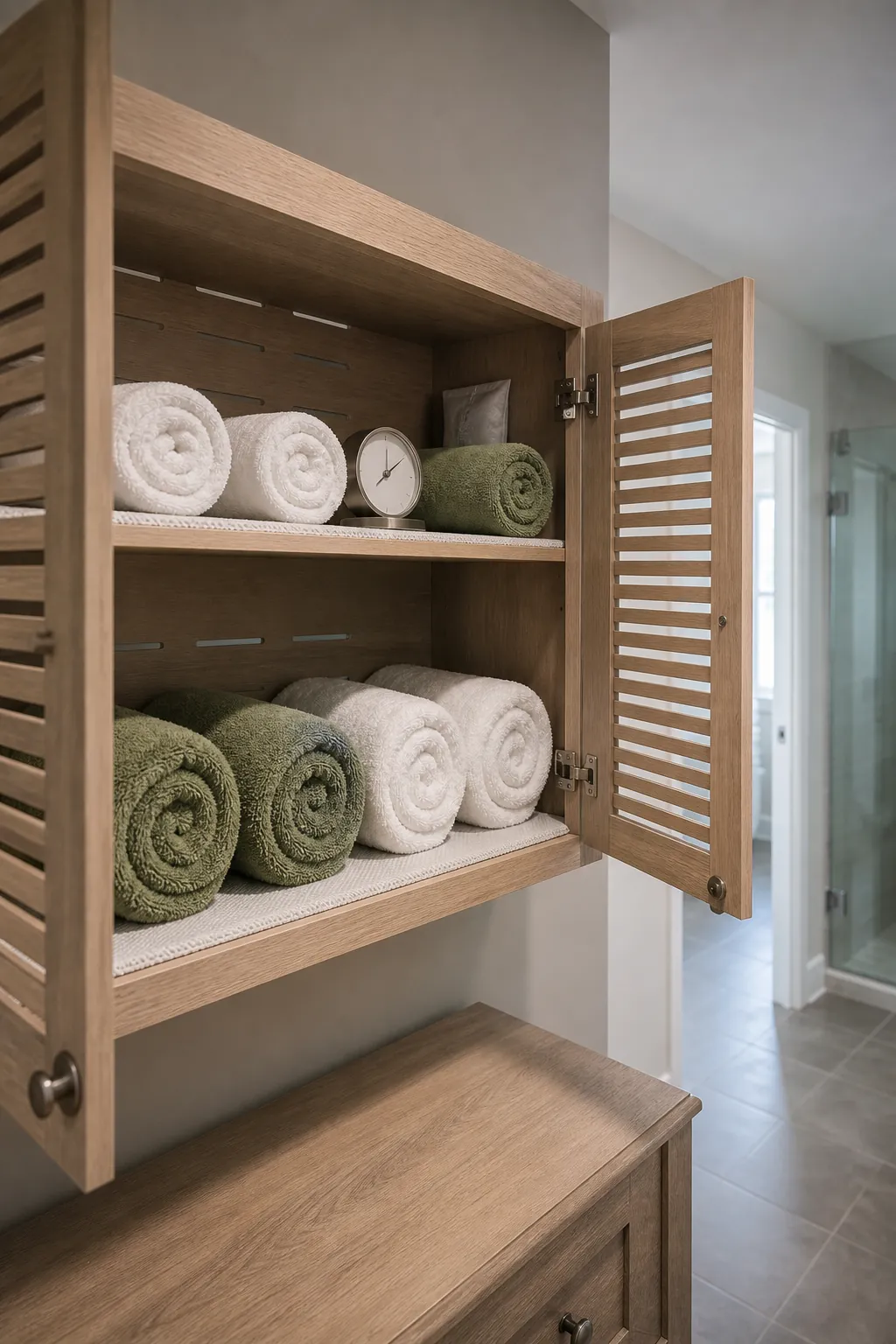 Clean rolled towels stored in a dry ventilated bathroom cabinet