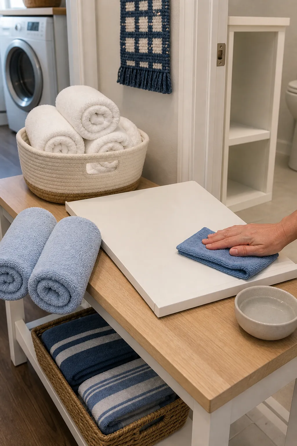 Freshly laundered towels being rotated into organized bathroom storage