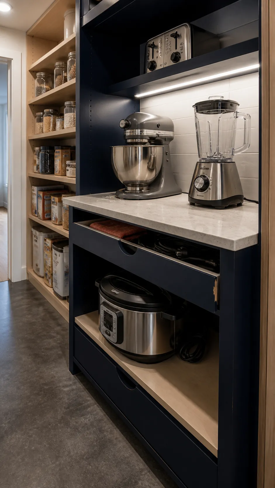 Compact pantry appliance bay with mixer blender and clear landing counter
