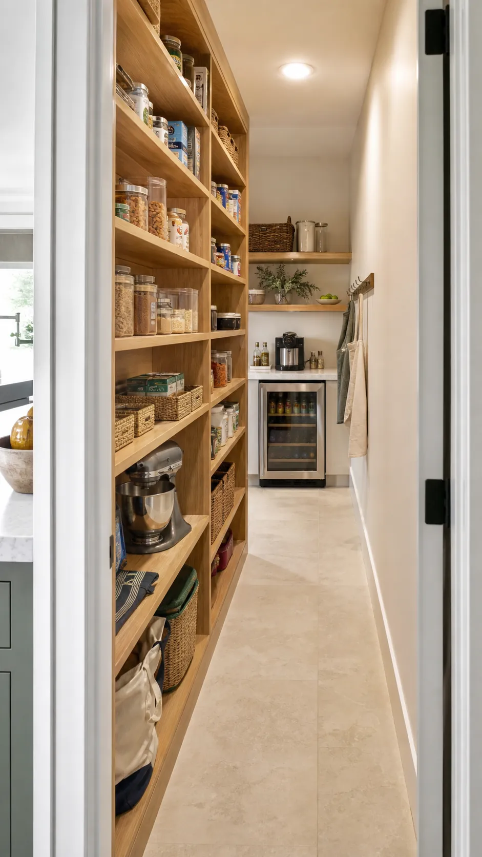 Bright narrow walk in pantry with practical shelving and a clear aisle