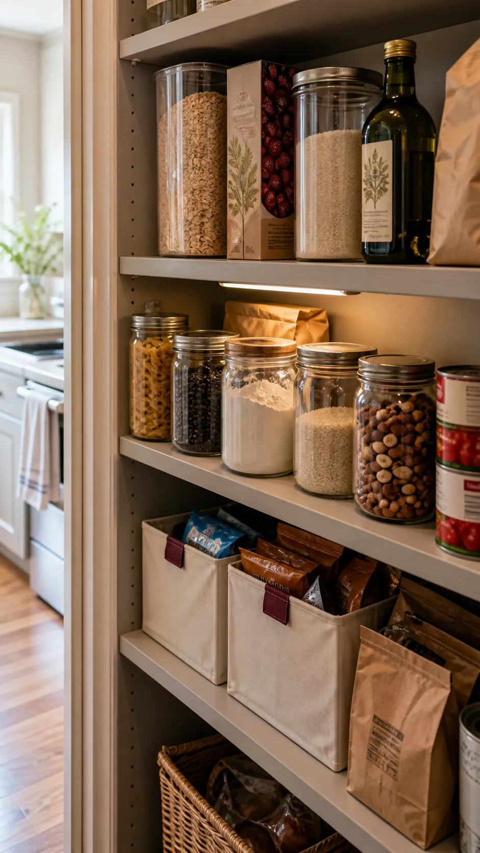Eye level food storage zone with visible jars cans and breakfast staples