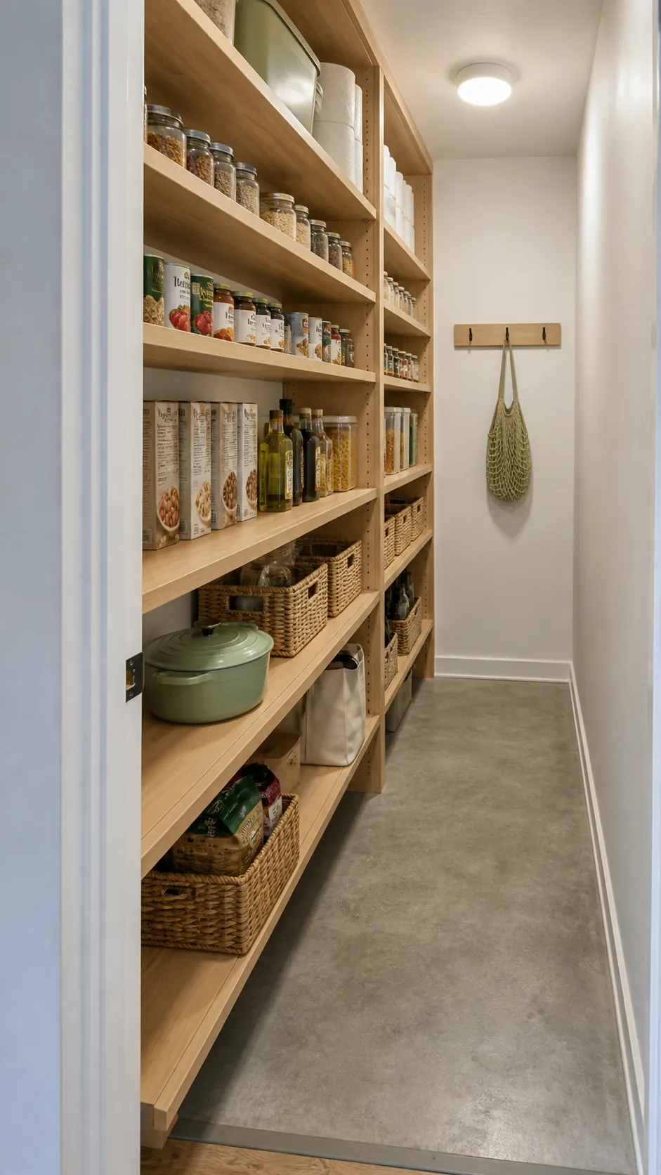 Narrow walk in pantry with organized shelving along one wall and a clear aisle